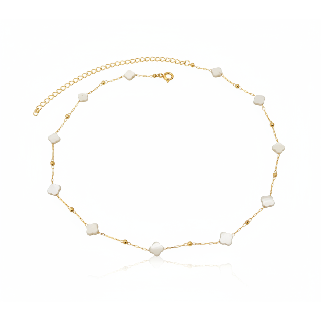 Colar choker com madre perola trevo e bolinhas diamantadas